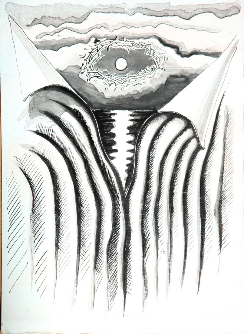 Curtain Thorns Resurrection image13.5X9.5 sheet14X10 ink pen brush