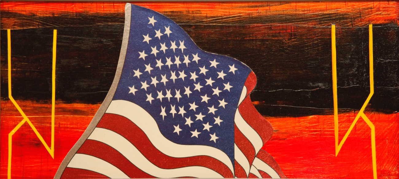 Practice Field With Flag 10.75X24 oil and collage 2014 initialed