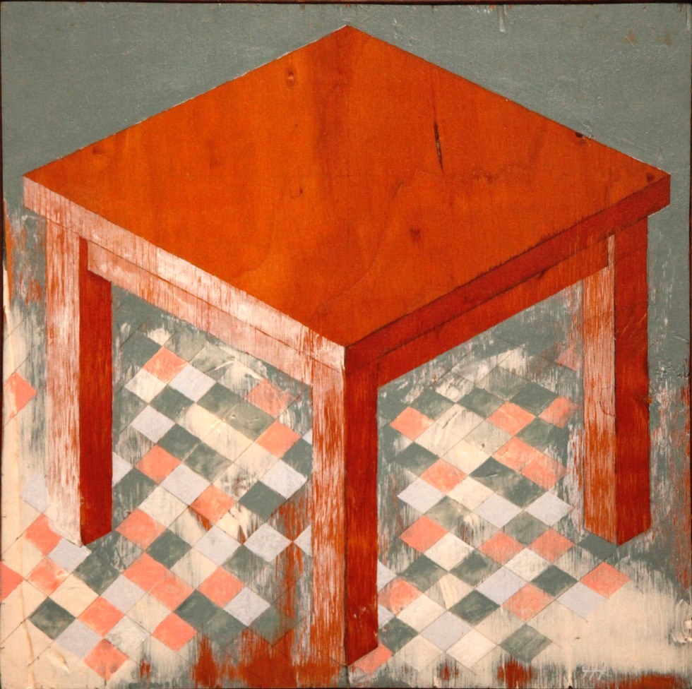 Table on Checkered Floor 16X16 oil on wood panel initialed