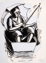 Woman In Boat Fishing 5.25x4 pen ink and guache